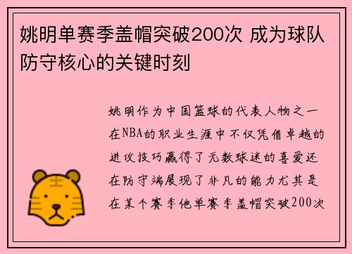 姚明单赛季盖帽突破200次 成为球队防守核心的关键时刻