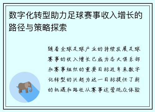 数字化转型助力足球赛事收入增长的路径与策略探索